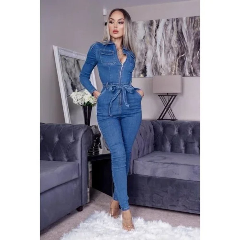 Blue Denim Jeans Long Sleeve Belted Bodycon Jumpsuit Playsuit